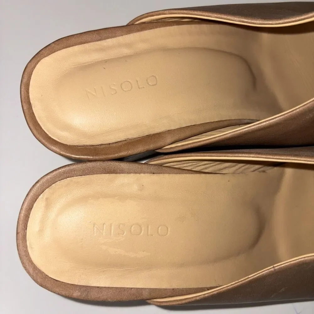Nisolo Mules 8.5 Women Almond Tan Leather All Day Block Heel Slip On *Narrow